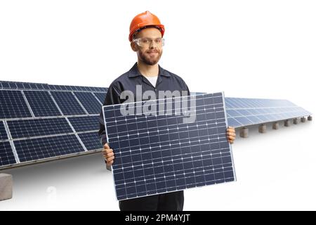 Solar panel manufacturer holding a collector isolated on white background Stock Photo