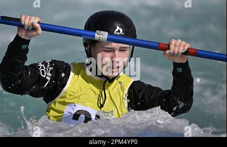 Waltham Cross. United Kingdom. 09 April 2023. British Canoeing GB selection races. Lee Valley White Water Centre. Waltham Cross. Leah Cameron in the womens kayak during the British Canoeing GB selection races at Lee Valley White Water Centre, United Kingdom. Stock Photo