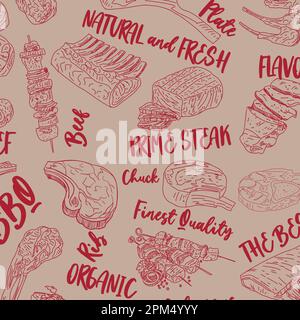 Meat seamless pattern. Pieces of meat and meat products. Food