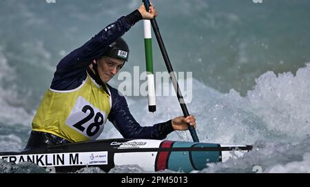 Waltham Cross. United Kingdom. 09 April 2023. British Canoeing GB selection races. Lee Valley White Water Centre. Waltham Cross. Mallory Franklin in the womens kayak during the British Canoeing GB selection races at Lee Valley White Water Centre, United Kingdom. Stock Photo