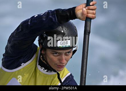 Waltham Cross. United Kingdom. 09 April 2023. British Canoeing GB selection races. Lee Valley White Water Centre. Waltham Cross. Mallory Franklin in the womens kayak during the British Canoeing GB selection races at Lee Valley White Water Centre, United Kingdom. Stock Photo