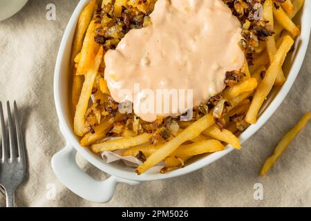 Homemade Animal Loaded French Fries with Onions and Burger Sauce Stock Photo