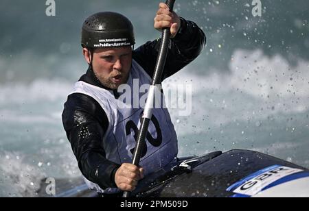 Waltham Cross. United Kingdom. 09 April 2023. British Canoeing GB selection races. Lee Valley White Water Centre. Waltham Cross. Anton Lippek in the mens kayak during the British Canoeing GB selection races at Lee Valley White Water Centre, United Kingdom. Stock Photo