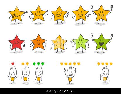 Stick figures give review rating and feedback. Customer reviews, feedback, stars rating. Stock Vector