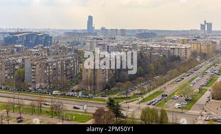 Belgrade, Serbia - April 09, 2023: New Belgrade Cityscape Panorama at Spring Sunday. Stock Photo