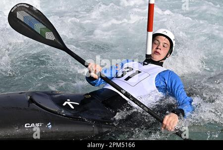 Waltham Cross. United Kingdom. 09 April 2023. British Canoeing GB selection races. Lee Valley White Water Centre. Waltham Cross. Murray Robb in the mens kayak during the British Canoeing GB selection races at Lee Valley White Water Centre, United Kingdom. Stock Photo