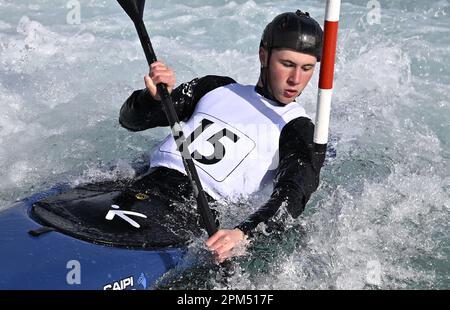 Waltham Cross. United Kingdom. 09 April 2023. British Canoeing GB selection races. Lee Valley White Water Centre. Waltham Cross. Ben Brown in the mens kayak during the British Canoeing GB selection races at Lee Valley White Water Centre, United Kingdom. Stock Photo