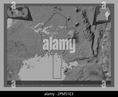 Eastern, region of Uganda. Bilevel elevation map with lakes and rivers. Locations of major cities of the region. Corner auxiliary location maps Stock Photo