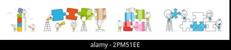 Stick figures. People connecting puzzle elements. Symbol of teamwork, cooperation, partnership. Vector. Stock Vector