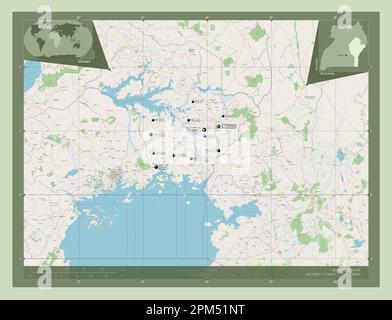 Eastern, region of Uganda. Open Street Map. Locations and names of major cities of the region. Corner auxiliary location maps Stock Photo