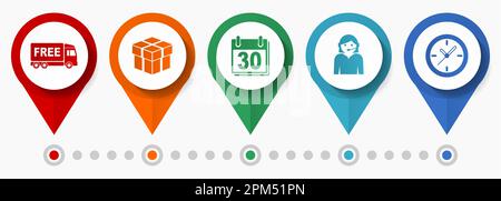 Business icon set, flat design miscellaneous pointer icons such as free delivery, calendar, clock and call center for webdesign and mobile application Stock Vector