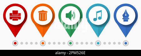 Media icon set, flat design miscellaneous pointer icons such as printer, trash can, speaker, note and pen for webdesign and mobile applications, infog Stock Vector