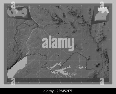 Northern, region of Uganda. Grayscale elevation map with lakes and rivers. Locations of major cities of the region. Corner auxiliary location maps Stock Photo