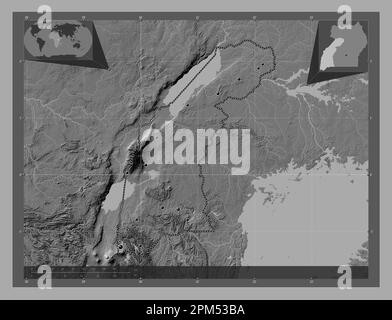 Western, region of Uganda. Bilevel elevation map with lakes and rivers. Locations of major cities of the region. Corner auxiliary location maps Stock Photo