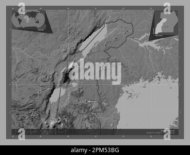 Western, region of Uganda. Bilevel elevation map with lakes and rivers. Locations and names of major cities of the region. Corner auxiliary location m Stock Photo