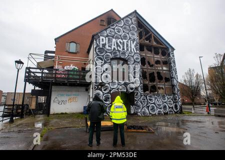 A fire has broken out shortly before 5pm at the former nightclub Plastik, in Belfast, that was also previously known as El Divino, with emergency appliances quickly putting the fire out. Picture date: Tuesday April 11, 2023. Stock Photo