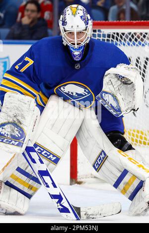 Buffalo Sabres Goaltender Devon Levi (27) Eyes The Puck During The ...