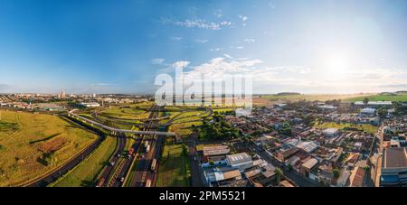 Ribeirao Preto, Sao Paulo, Brazil - March 23, 2023 - Aerial view of pedestrian walkway and main ring road Stock Photo
