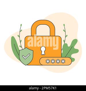 Cyber security concept. Flat padlock with password and shield. The concept of personal data protection. Vector illustration Stock Vector