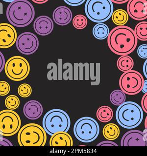 Happy smile faces seamless pattern in trendy funky y2k style. Colorful circle stickers, character icons endless background. Vector illustration in 90s Stock Vector