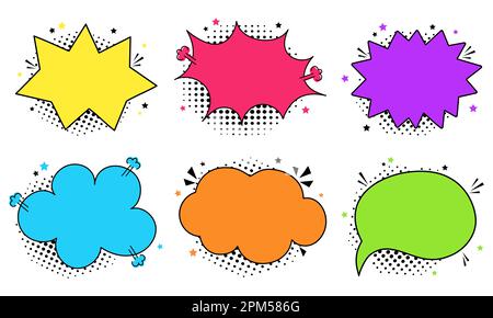 Collection colorful of empty comic speech bubbles with halftone shadows. Hand drawn retro cartoon stickers. Pop art style. Vector illustration Stock Vector
