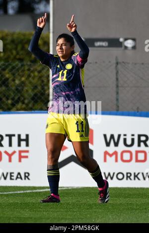 Maria Catalina Usme of Colombia jubilates after scoring the goal 1-1 in the 77th minute during football Match, Stadio Tre Fontane, Italy v Colombia, 11 Apr 2023 (Photo by AllShotLive/Sipa USA) Credit: Sipa USA/Alamy Live News Stock Photo