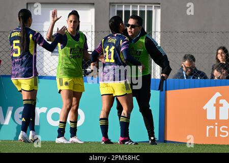 Maria Catalina Usme of Colombia jubilates after scoring the goal 1-1 in the 77th minute during football Match, Stadio Tre Fontane, Italy v Colombia, 11 Apr 2023 (Photo by AllShotLive/Sipa USA) Credit: Sipa USA/Alamy Live News Stock Photo