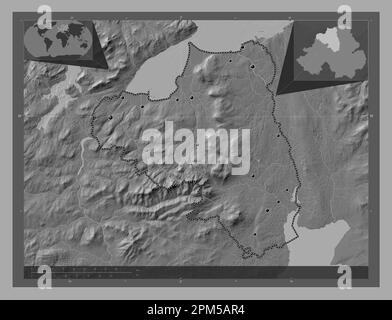 Londonderry, region of Northern Ireland. Bilevel elevation map with lakes and rivers. Locations of major cities of the region. Corner auxiliary locati Stock Photo