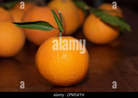 Several ripe oranges lie on a wooden table. The stalks and leaves are still attached to individual fruits. The orange peels are not treated. Stock Photo