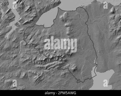 Londonderry, region of Northern Ireland. Bilevel elevation map with lakes and rivers Stock Photo