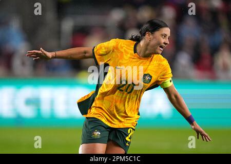 Australia's Sam Kerr celebrates scoring their side's first goal of the game during the Alzheimer's Society International at the Gtech Community Stadium, Brentford. Picture date: Tuesday April 11, 2023. Stock Photo
