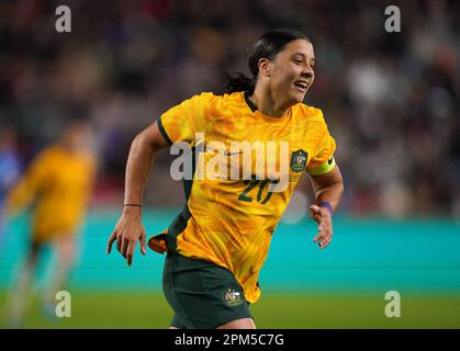 Australia's Sam Kerr celebrates scoring their side's first goal of the game during the Alzheimer's Society International at the Gtech Community Stadium, Brentford. Picture date: Tuesday April 11, 2023. Stock Photo