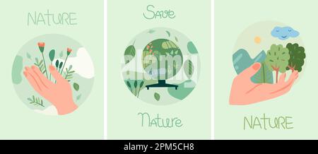 The concept of nature conservation and ecology. Nature as a source of energy for man. Planet earth in the hands of man. Green planet, earth day. Suitable for social posters, cards, logos, banner Stock Vector