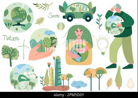 climate awareness earth protection image with eco friendly components man holding globe eco car leaves the topic of global warming vector illustration 2pm5d0y