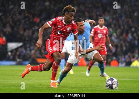 Manchester City's Nathan Ake (right) and Bayern Munich's Kingsley Coman battle for the ball during the UEFA Champions League quarter final first leg match at Etihad Stadium, Manchester. Picture date: Tuesday April 11, 2023. Stock Photo