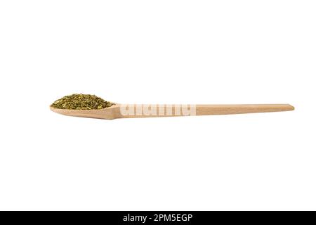passion flower herb in latin - passiflora incarnata on wooden spoon isolated on white background. Passiflora incarnata, commonly known as maypop, purp Stock Photo