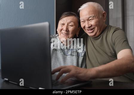 Serene senior couple at home using laptop for online shopping Stock Photo