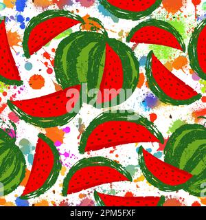 Fruity seamless vector pattern with watercolor paint textured watermelon pieces. Striped background. Stock Vector