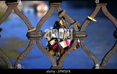 Locked - Close-up of a metal grate with added padlocks, with the blue river in the background, on a sunny day Stock Photo