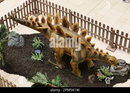 Large Animated Robot Model Dinosaurs in the Derbion centre during the Easter school break in April 2023 Stock Photo