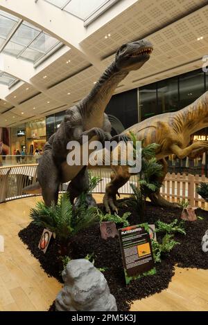 Large Animated Robot Model Dinosaurs in the Derbion centre during the Easter school break in April 2023 Stock Photo