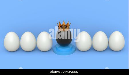 Group of farm white chicken eggs and unique black egg with expressions and funny face and gold crown on it on blue background. 3d render of Easter egg Stock Photo