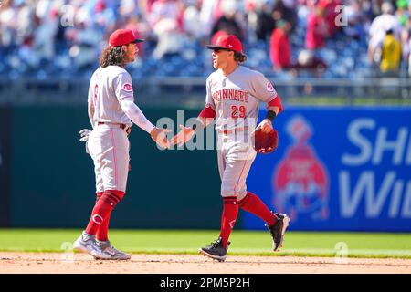 Cincinnati Reds' Jonathan India, left, receives the Major League