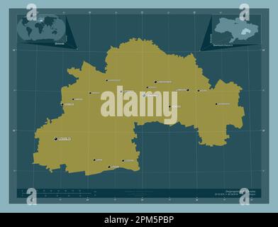 Dnipropetrovs'k, region of Ukraine. Solid color shape. Locations and names of major cities of the region. Corner auxiliary location maps Stock Photo