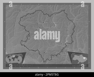 Kharkiv, region of Ukraine. Grayscale elevation map with lakes and rivers. Locations and names of major cities of the region. Corner auxiliary locatio Stock Photo
