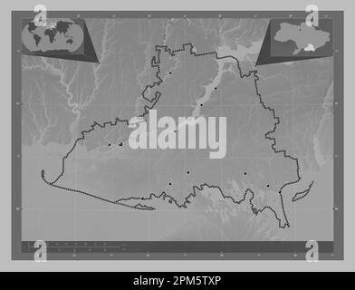 Kherson, region of Ukraine. Grayscale elevation map with lakes and rivers. Locations of major cities of the region. Corner auxiliary location maps Stock Photo