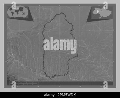 Khmel'nyts'kyy, region of Ukraine. Grayscale elevation map with lakes and rivers. Corner auxiliary location maps Stock Photo