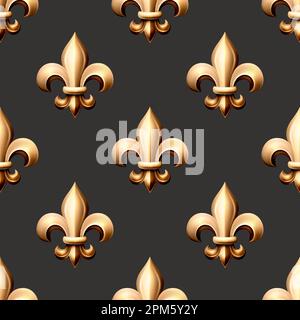 Vector Seamless Pattern with Vintage 3d Realistic Metal Fleur De Lis Closeup on Black Background. Heraldic Lily, Front View. Vector Illustration Stock Vector