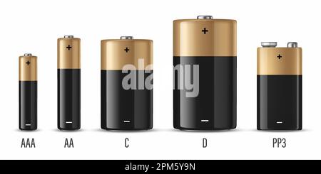 Vector 3d Realistic Black and Yellow Alkaline Battery Icon Set Closeup Isolated on White Background. Diffrent Size - AAA, AA, C, D, PP3. Design Stock Vector