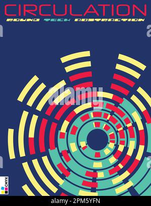 Circulation. Round yellow, red and greenish tech abstraction on dark blue background for cover design. Vector graphic pattern. CMYK colors Stock Vector